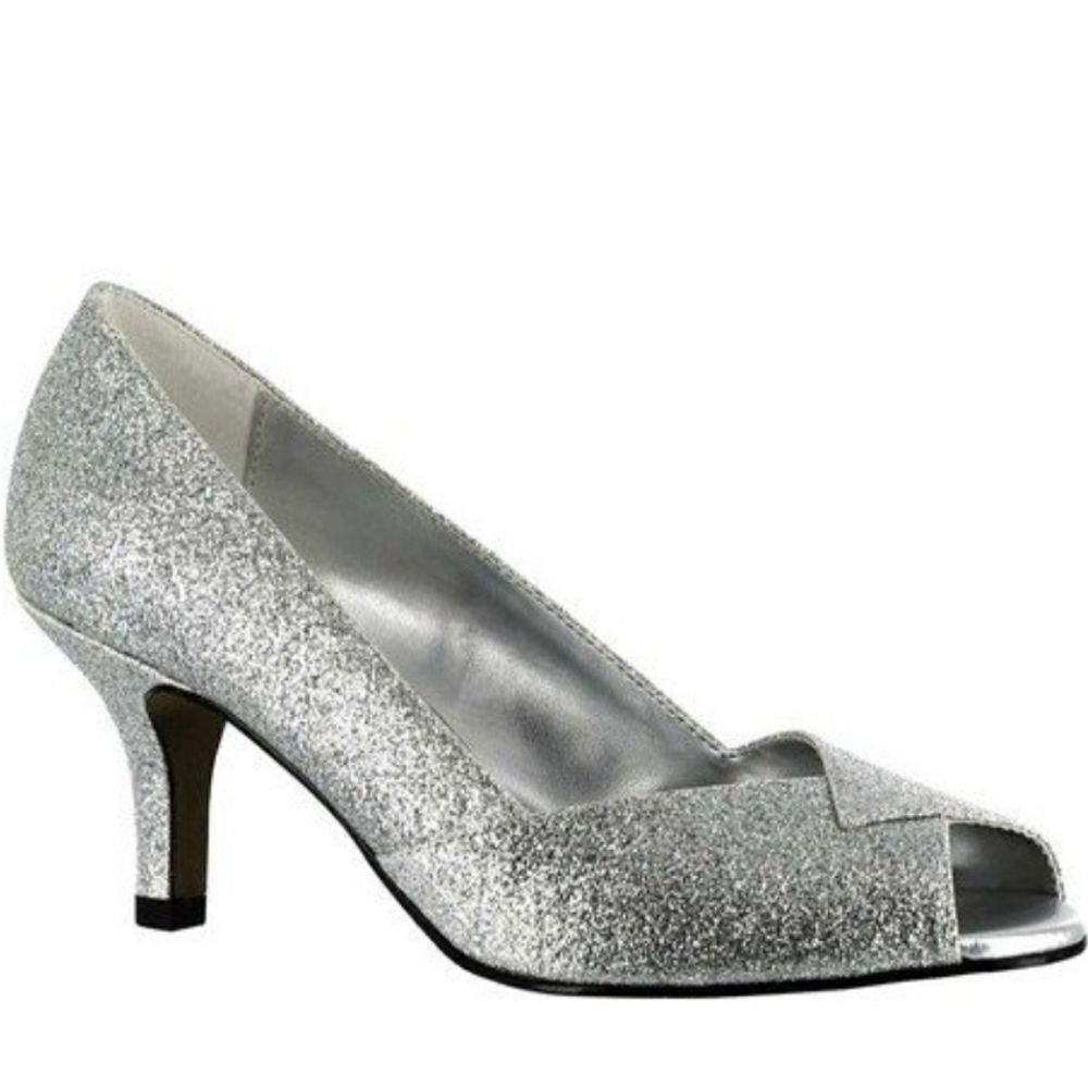 Easy Street Women's Open Toe Ravish Dress Glitter Pumps in Silver Size 7.5